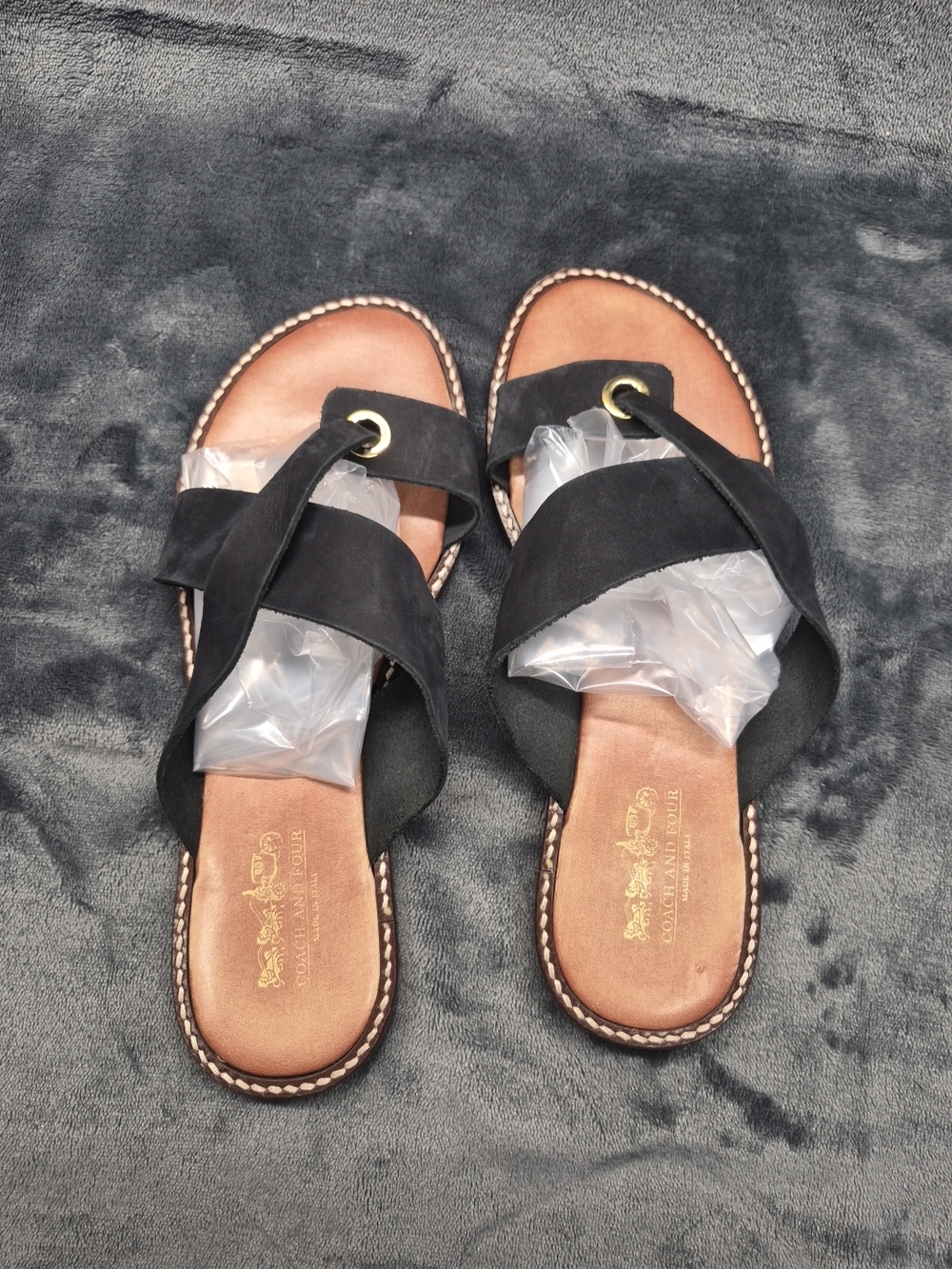 Coach And Four Black Slip On Sandals Women's Size 6.5 Paded Footbed Made Italy - Picture 5 of 11